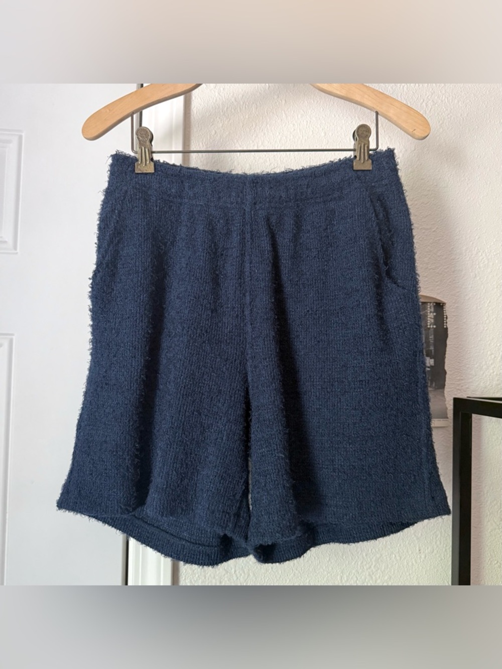GOLF WANG navy blue chenille fuzzy terry knit pull on shorts